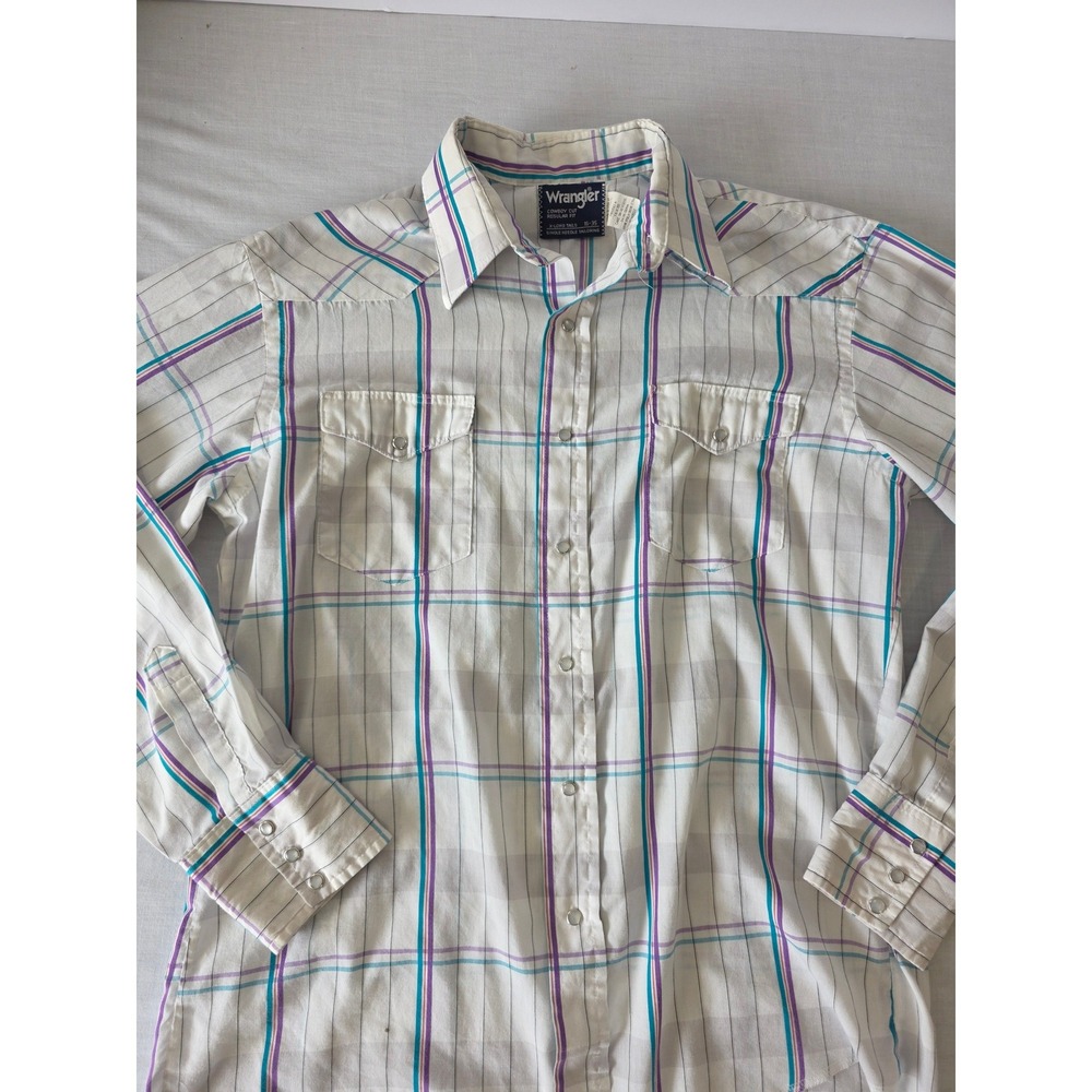 Wrangler Long Sleeve Pearl Snap Plaid Shirt Cowboy Cut  16x35 White Teal Purple‎